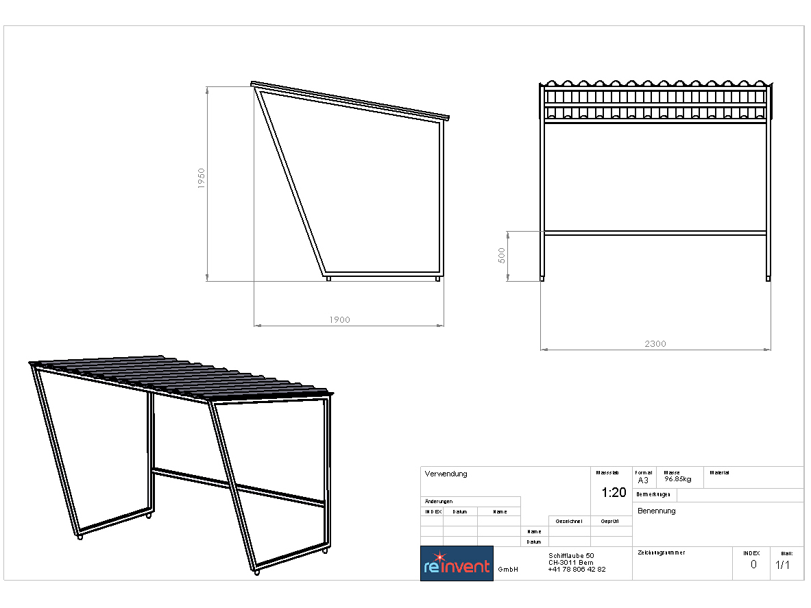 3D-Modellierung Fahrradunterstand aus verzinktem Stahl und Dach nach Wahl