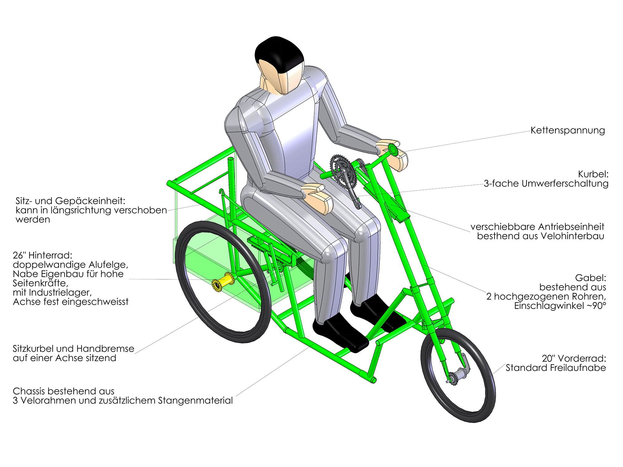 voiturette basierend auf drei Fahrradrahmen, einstellbarer Antrieb, Umwerferschaltung, Einschlag > 180°
